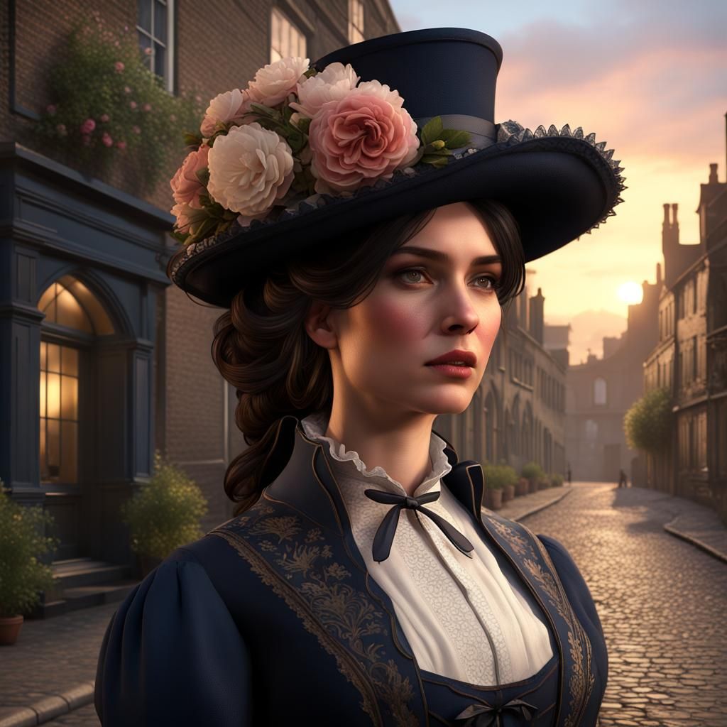 Victorian Woman in Cobblestone Street: Hyperrealistic Matte ...