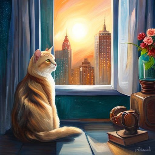 Abstract Cat Gazing at Moon in Cityscape Oil Painting