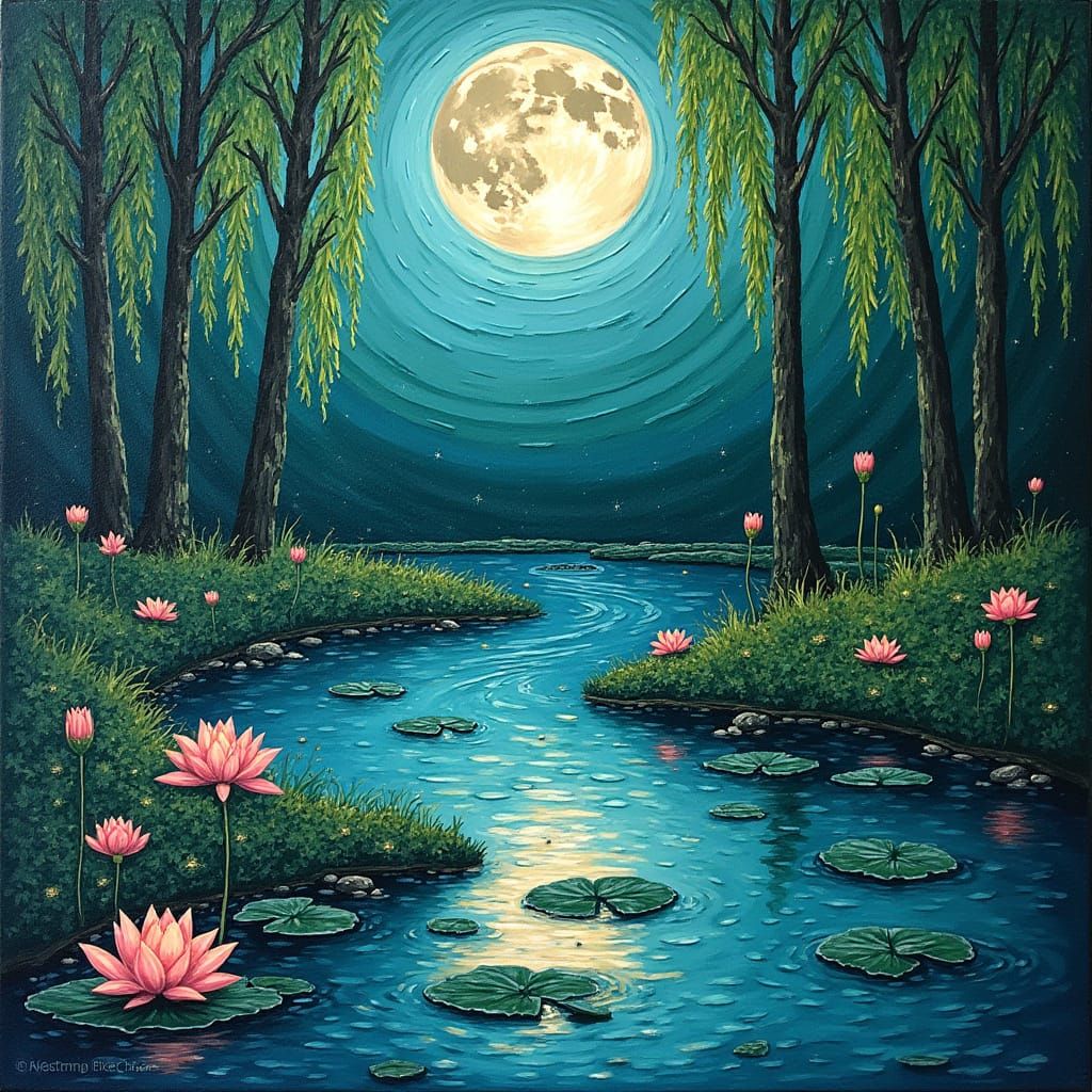 Art Nouveau River Moonlight in Impasto Style