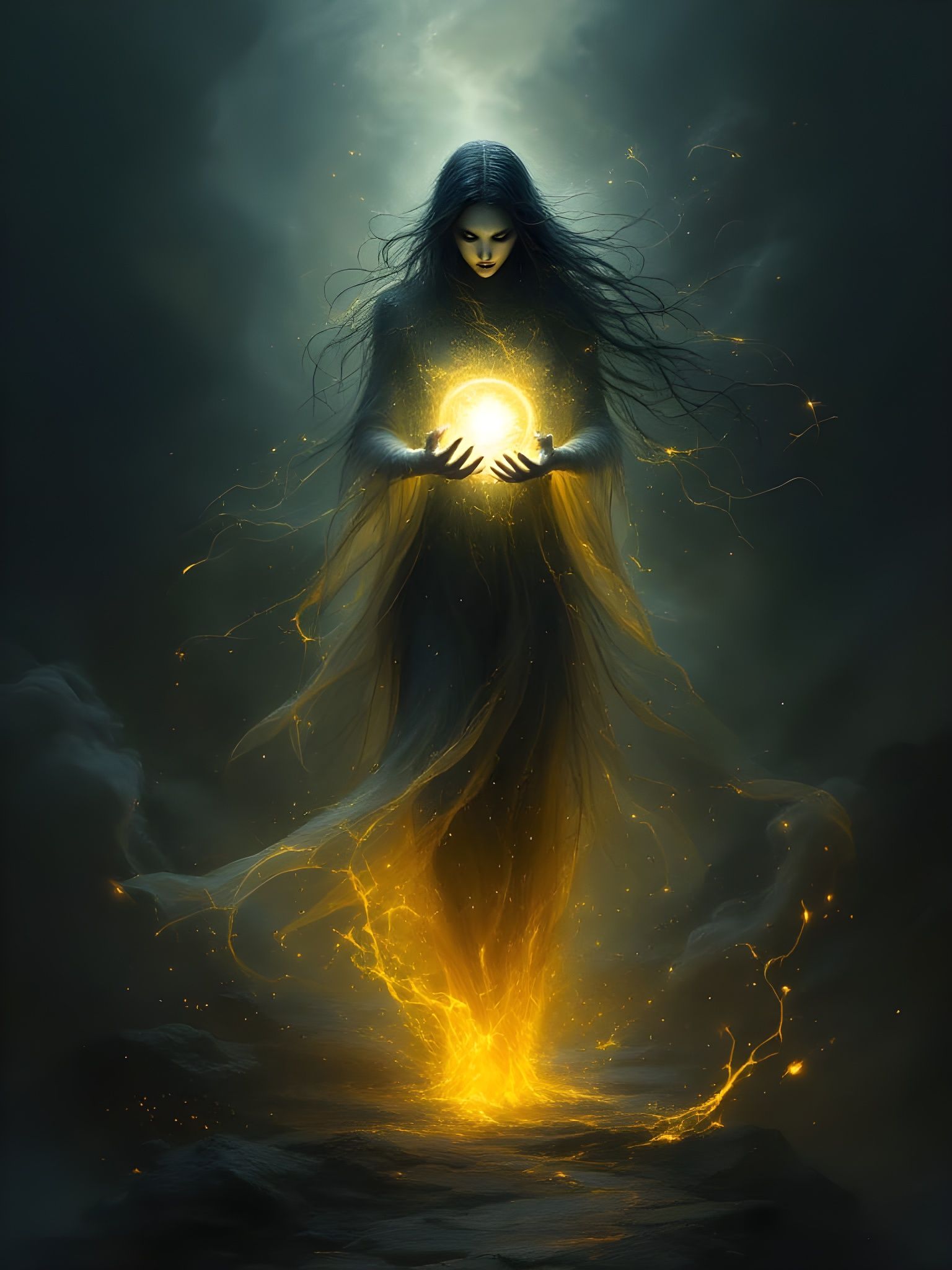 Ethereal Figure Emerges from Shadow Realm in Radiant Glow