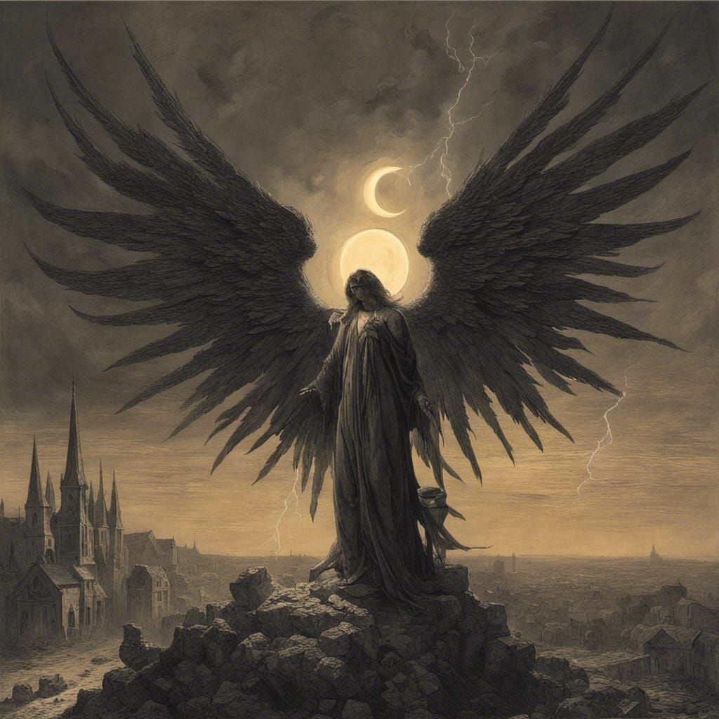 Demonic Angel in Burnt Village, Horror Art