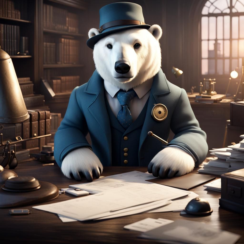 Cute Polar Bear Detective at Desk in Matte Painting