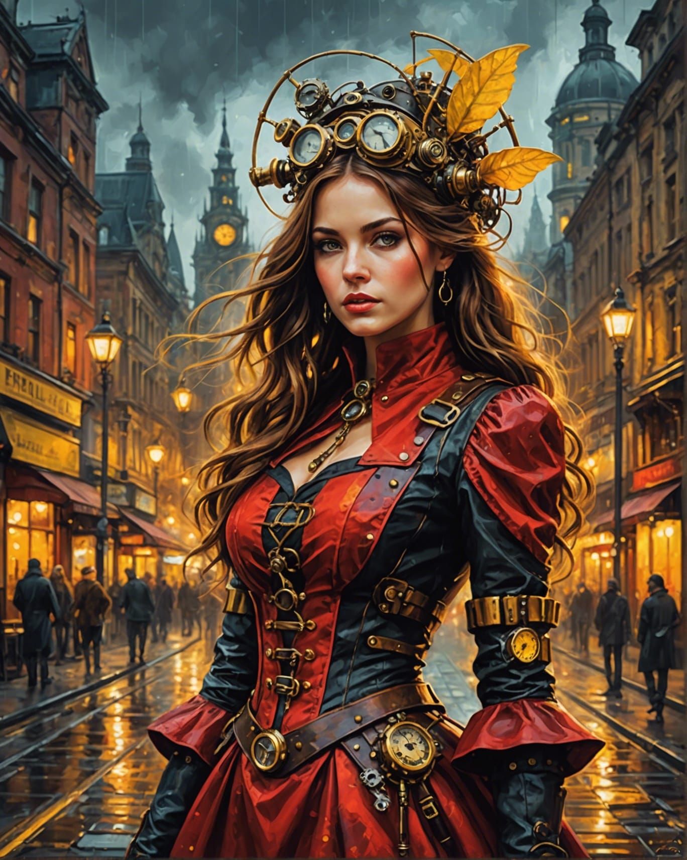 Steampunk Woman in Red Dress as Oil Painting