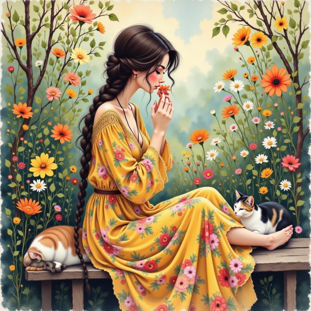 Beautiful Woman Smelling Flower in Sunlit Garden