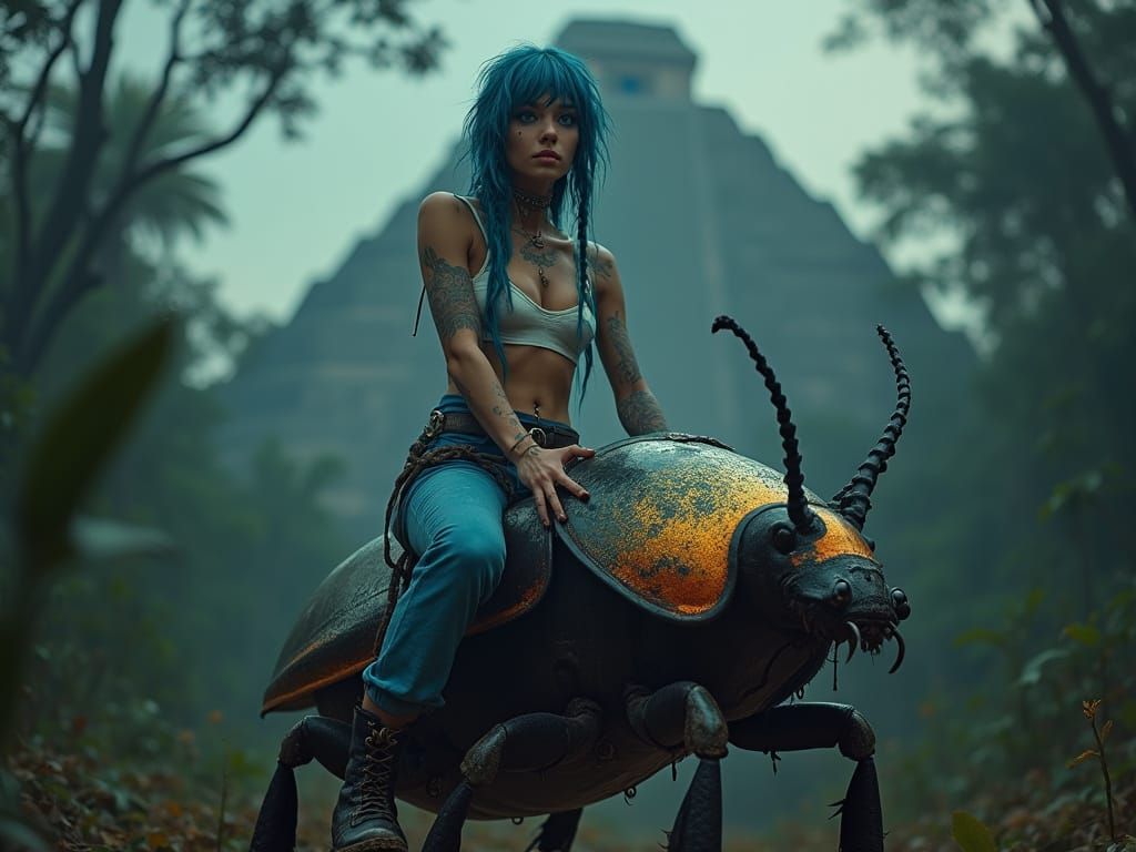 Woman Rides Giant Beetle in Dark Jungle