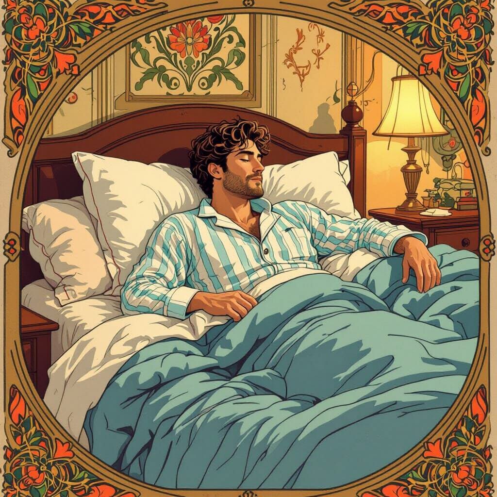 Man Lounging in Bed in Art Nouveau Style