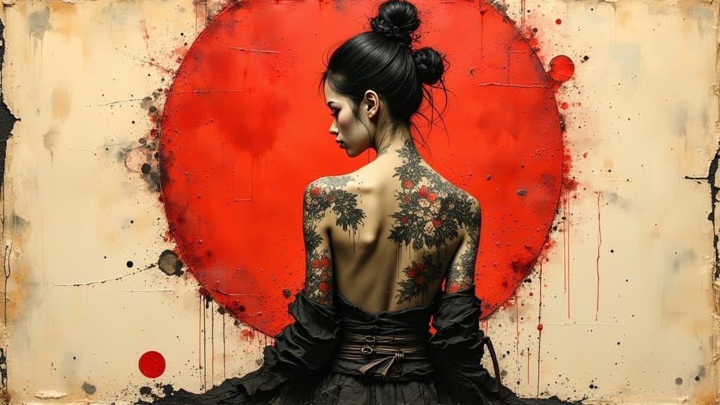 Asian Samurai Woman in Textured Ink Art Style