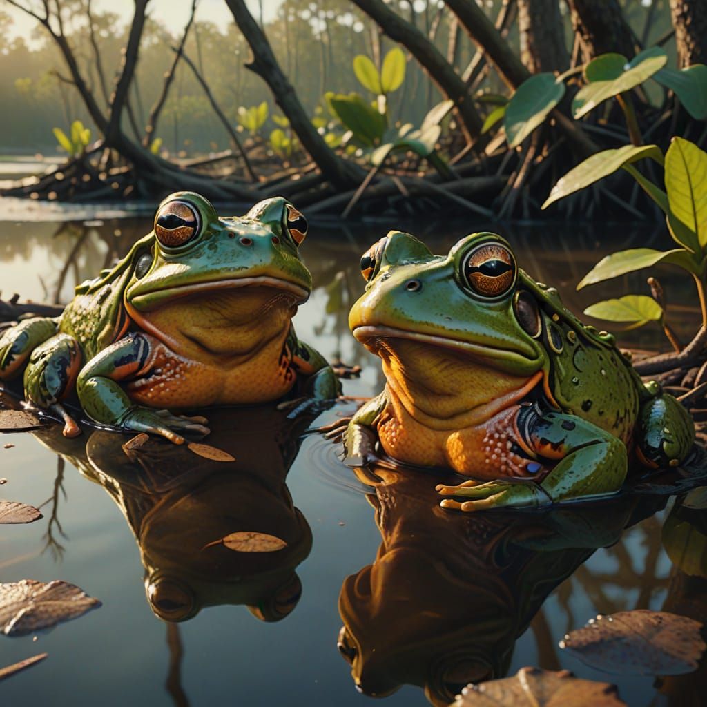 Two Frogs with Knotted Tongues in Mangrove Swamp
