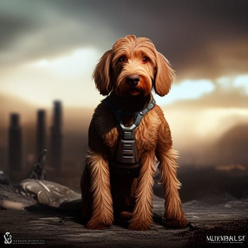 Labradoodle with Cyborg Armor in Wasteland