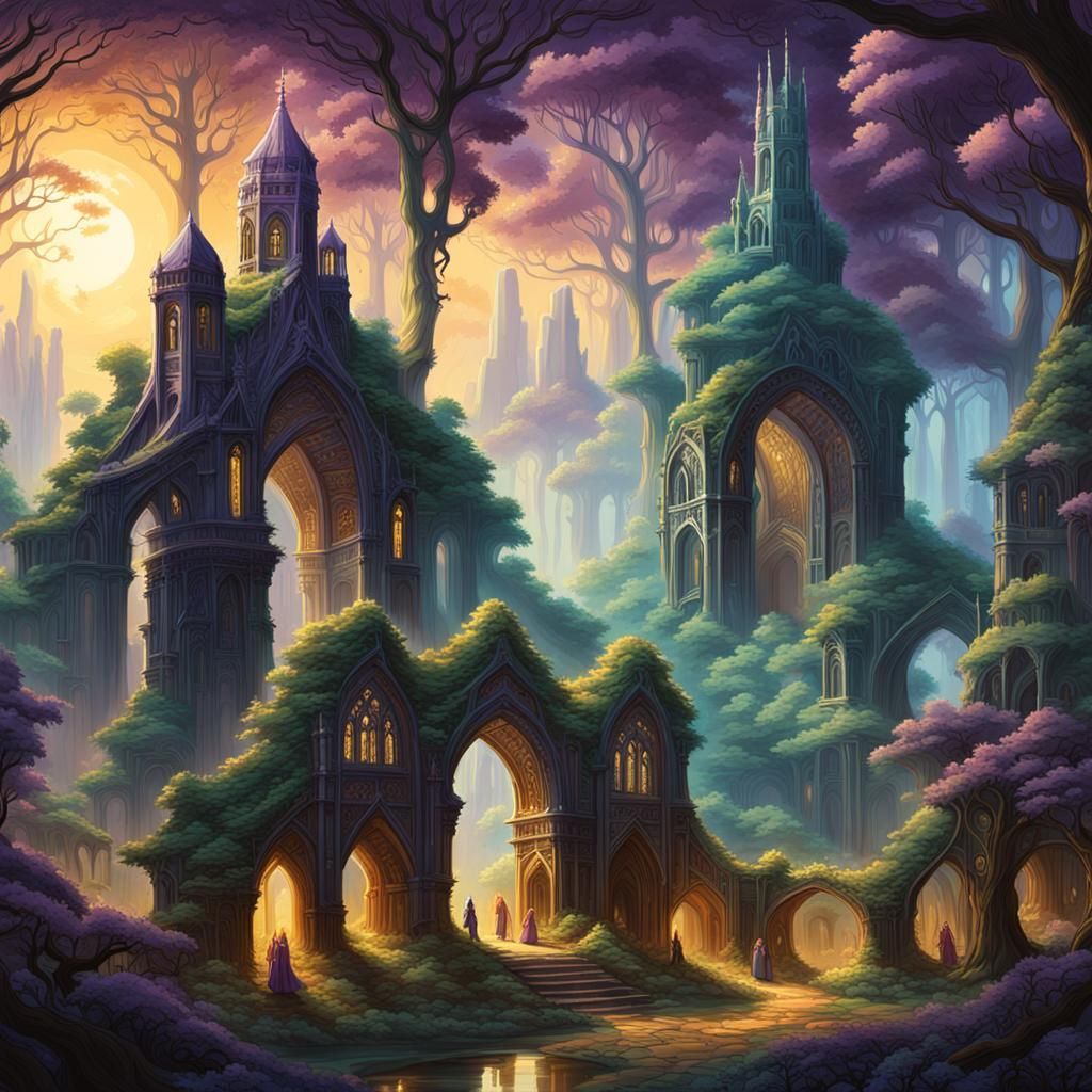 Fantasy City of Luminous Trees and Ancient Wisdom