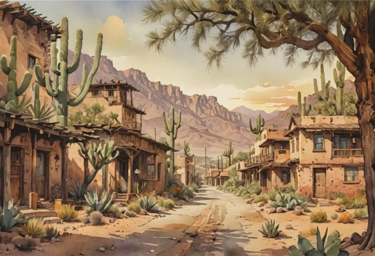 Wild West Village in Watercolor Comic Book Style
