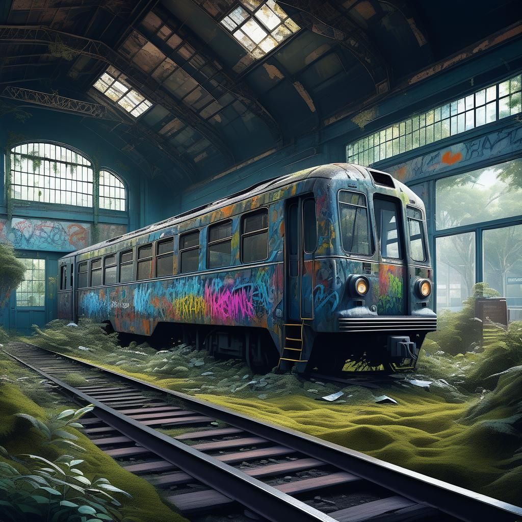 Overgrown Abandoned Train Station in Photorealistic Style