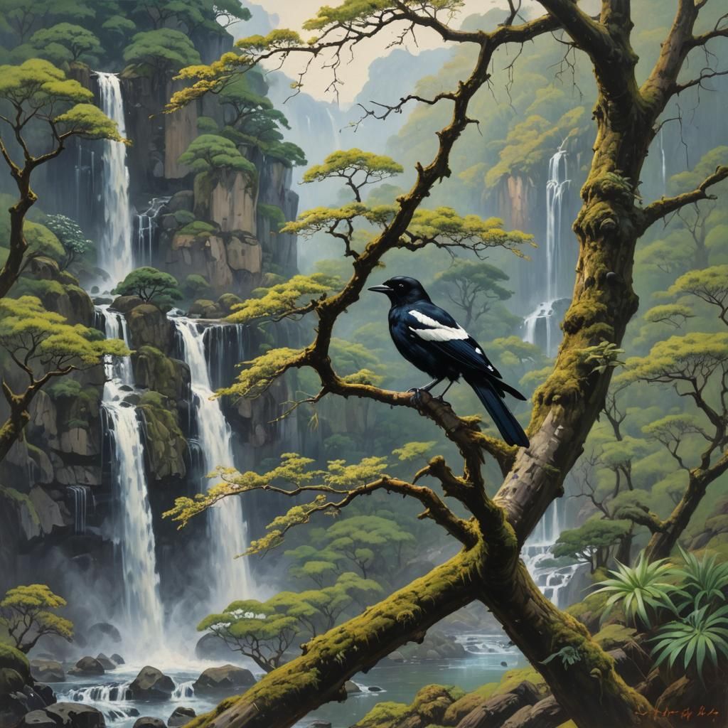 Magpie in Japanese Landscape as Oil Painting