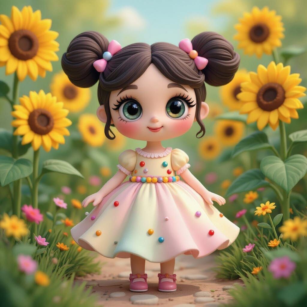 Clay Girl in Button Dress in Whimsical Sunflower Garden