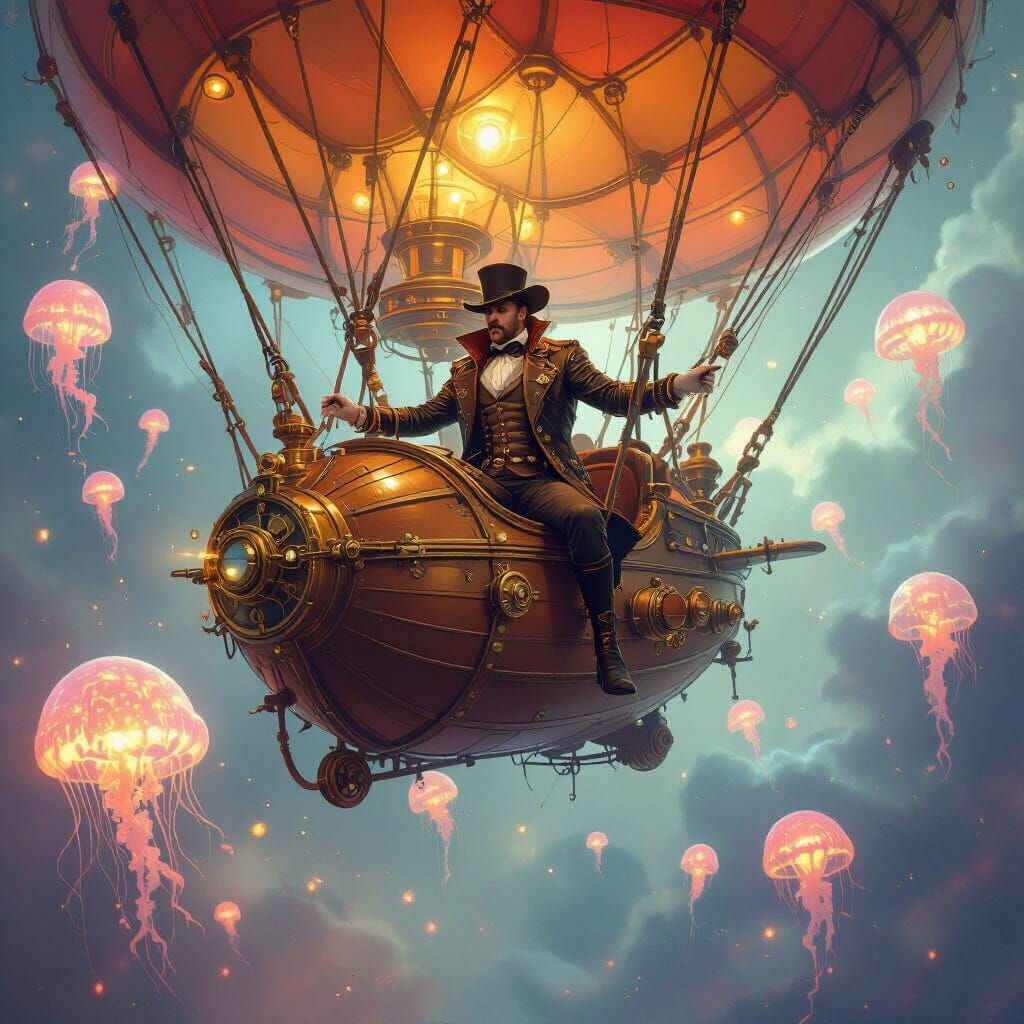 Steampunk Airship Captain Navigating Nebula