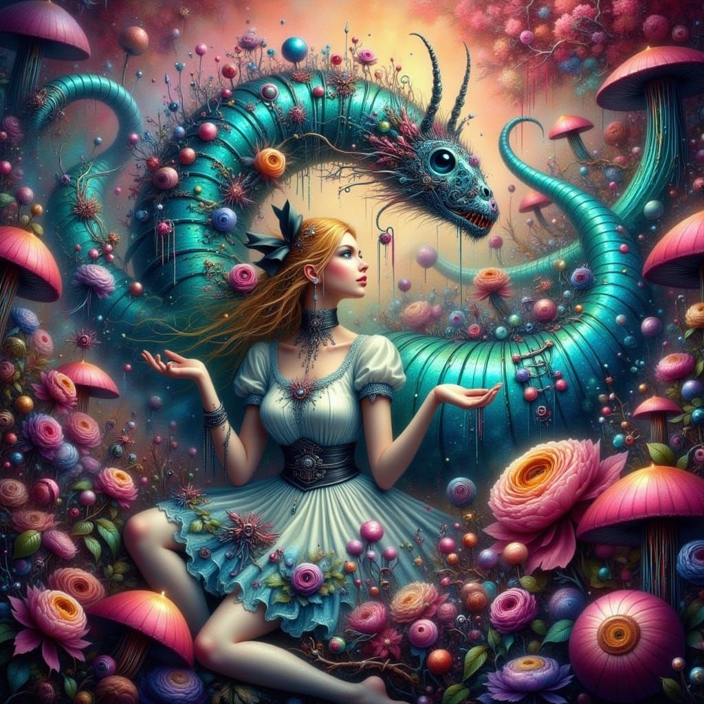 Alice in Wonderland's Biomechanical Caterpillar Encounter