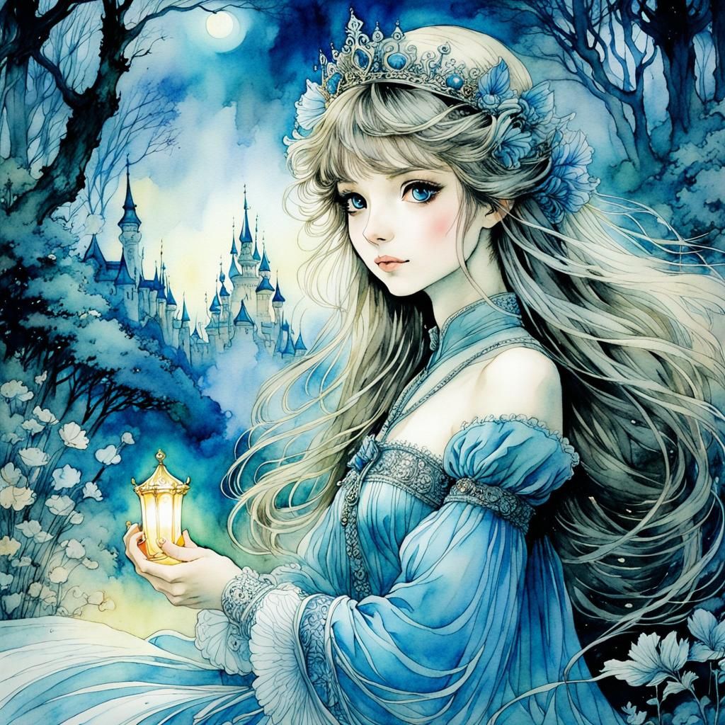 Luminous Princess with Lantern in Watercolor Style