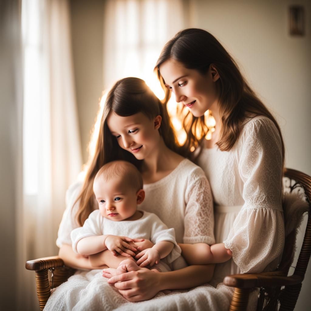 Family Portrait: Mother, Baby, and Children in Sunlight