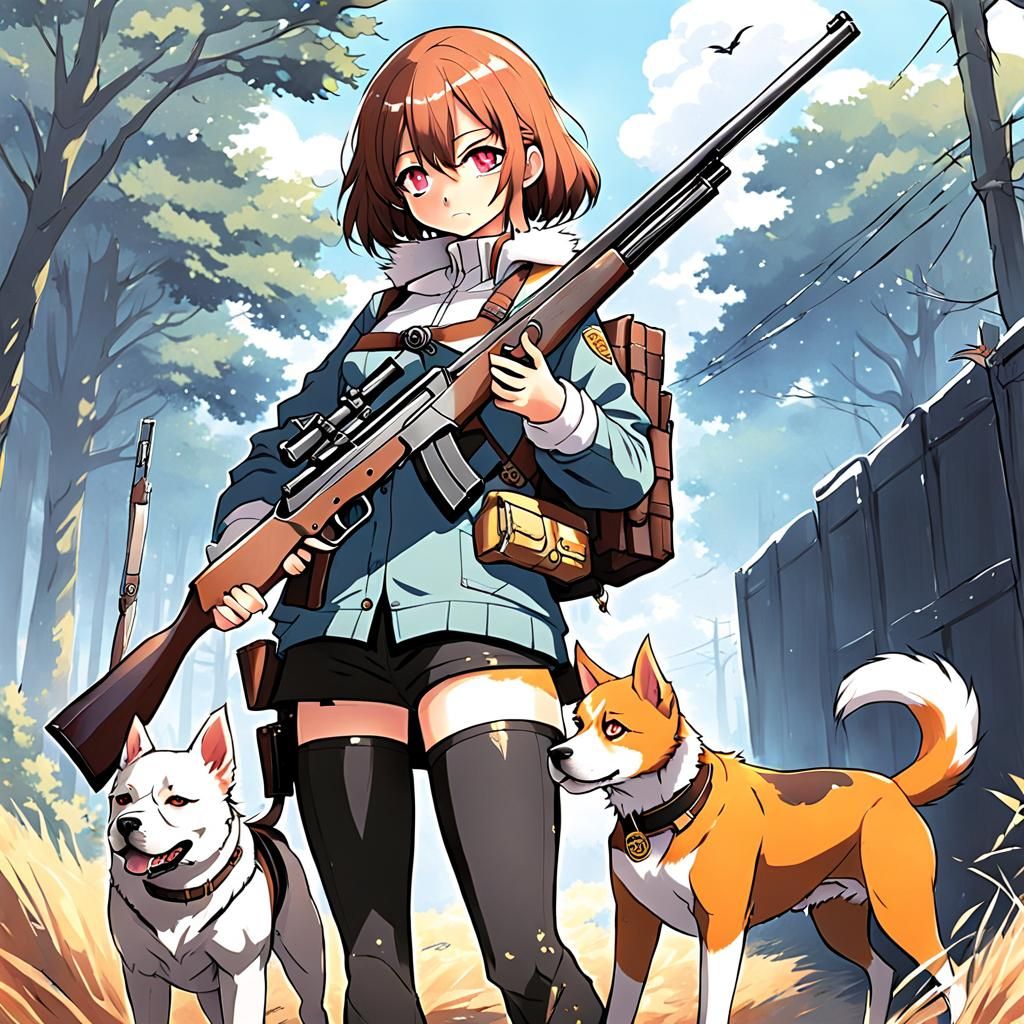 Anime Girl with Dog and Shotgun