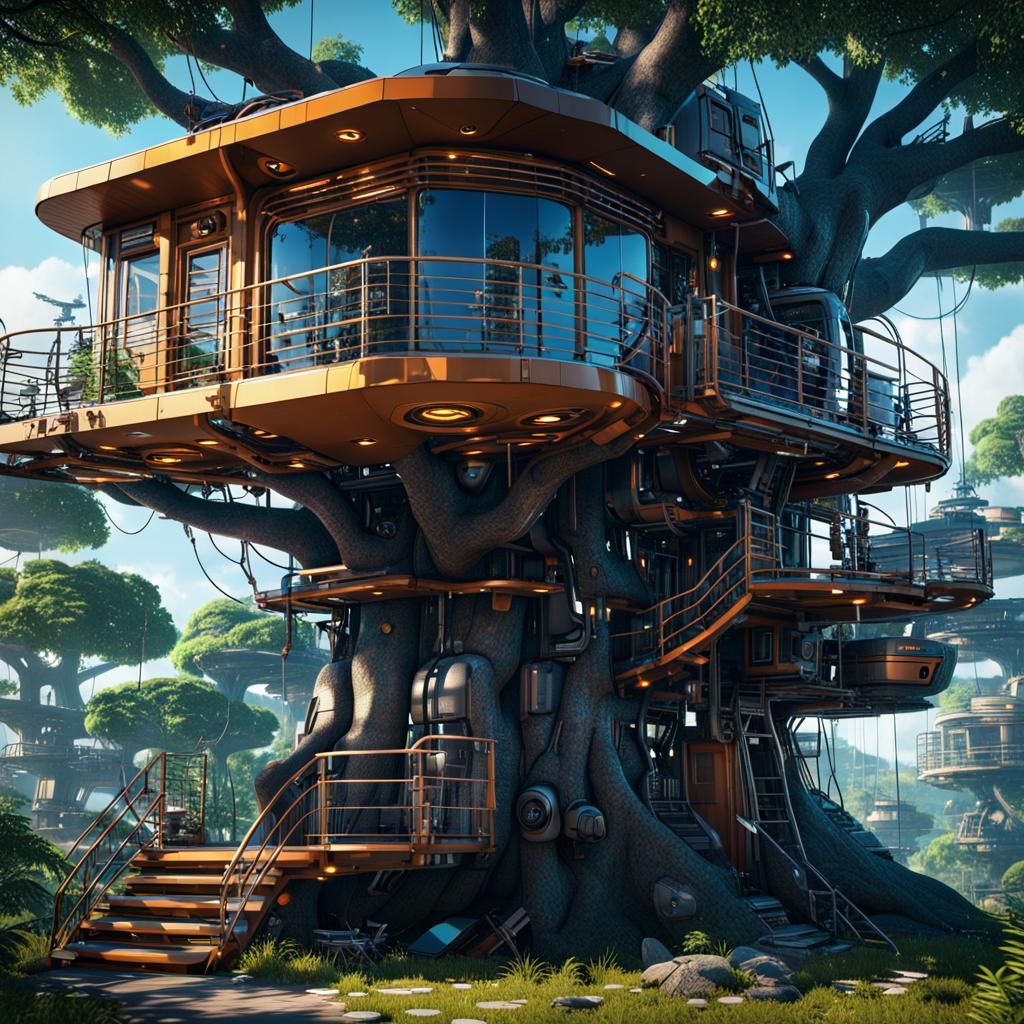view of a tree house full of cutting-edge technological devi...