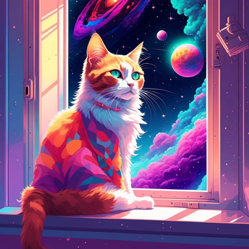 Cat Watches Supernova from Spaceship Window