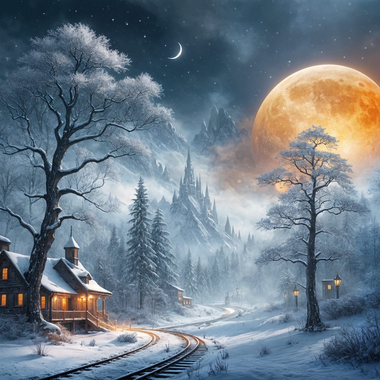 Cracked Golden Moon Over Snowy Crystal Train Fantasy
