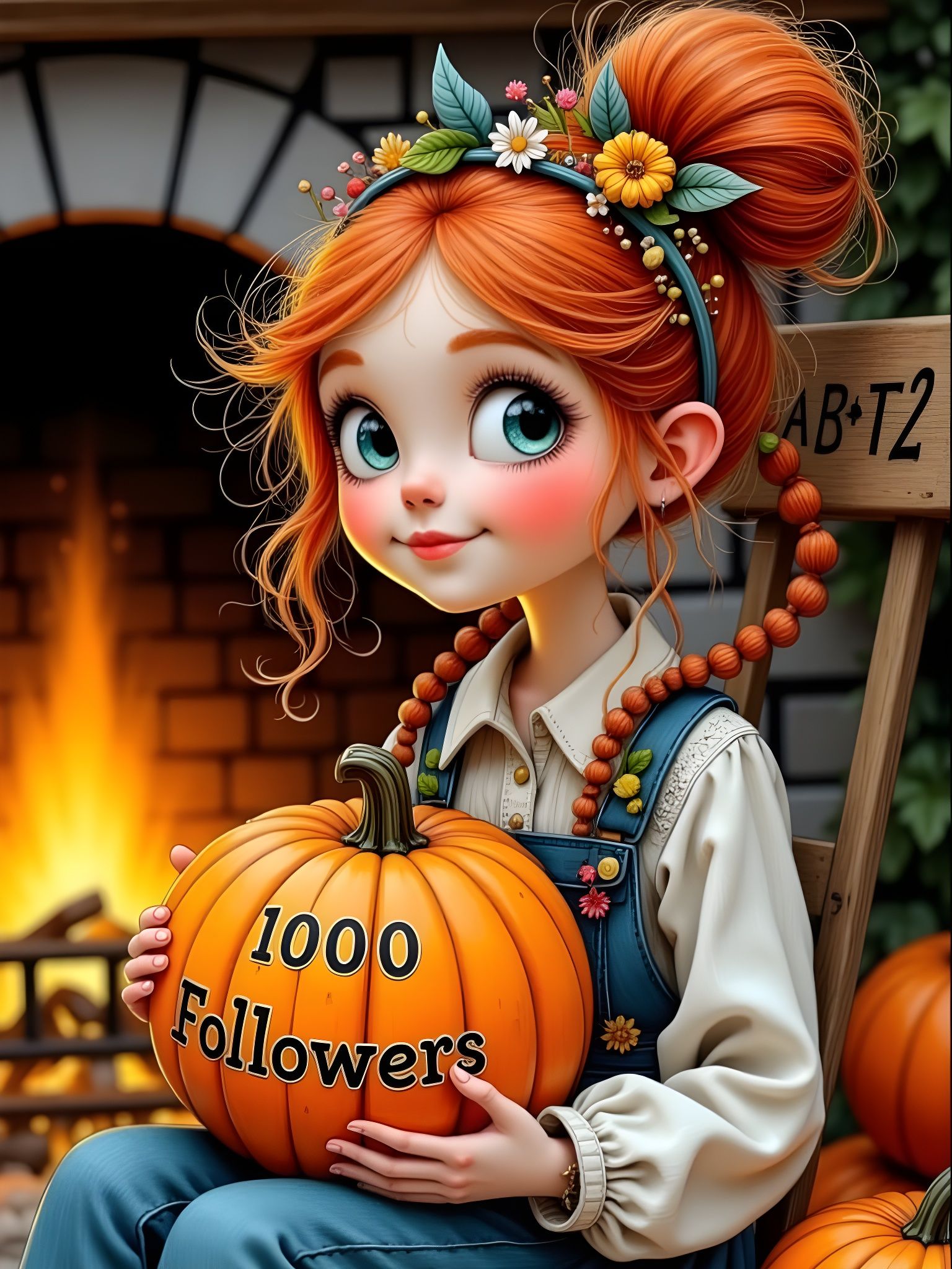 Whimsical Boho Witch with Pumpkin in Cozy Cottage