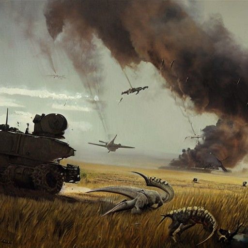 WWII Dinosaurs: Sinister Oil Painting