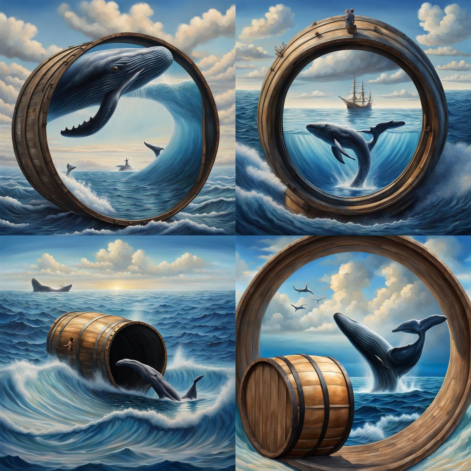 Whale on a Barrel in Ocean, Hyperrealistic