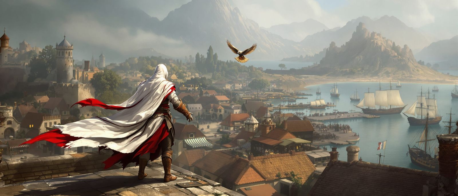 Assassin in Red and White Robe on Rooftop
