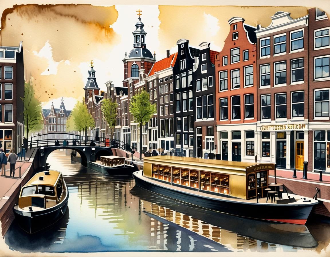 Amsterdam Coffeeshops: Vintage Watercolor Postcard