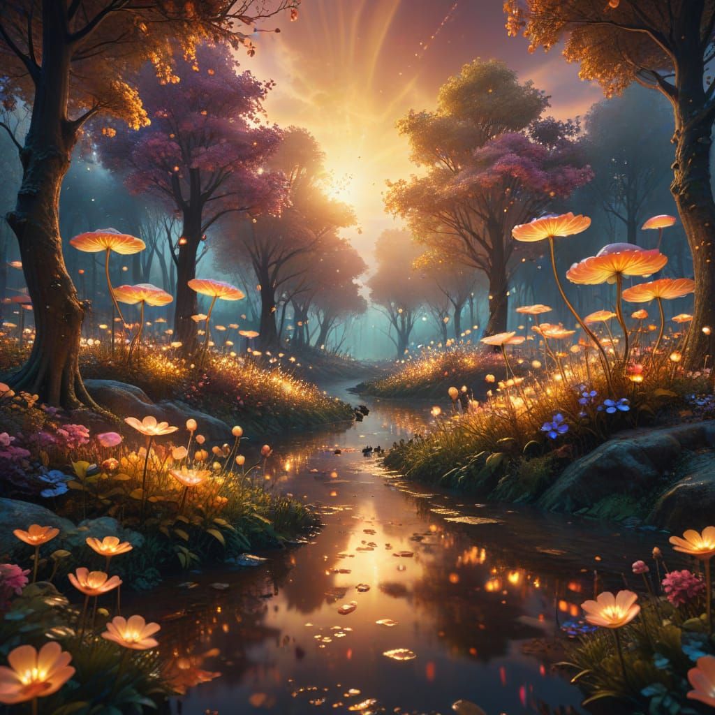 Surreal Cityscape in Dreamlike Forest with Glowing Flowers