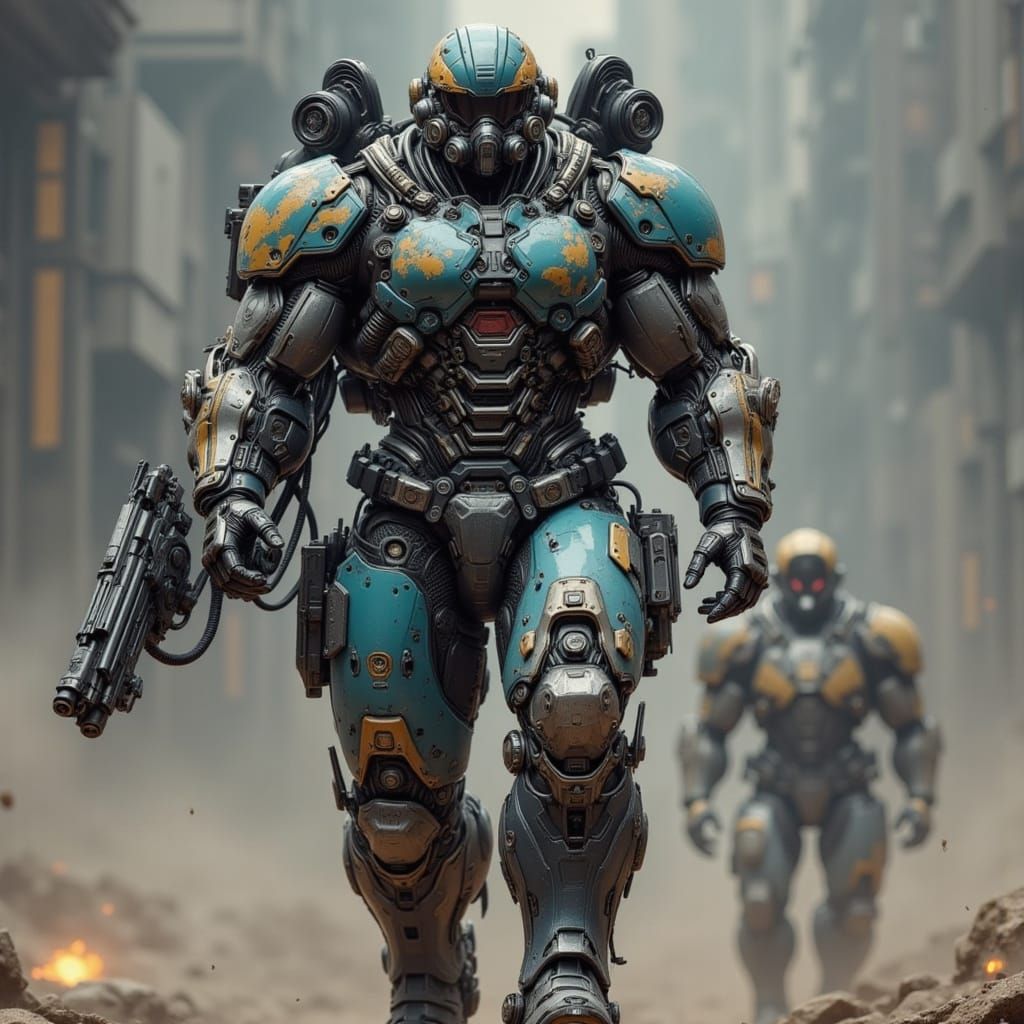 Muscular Cyborg in Post-Apocalyptic Suit