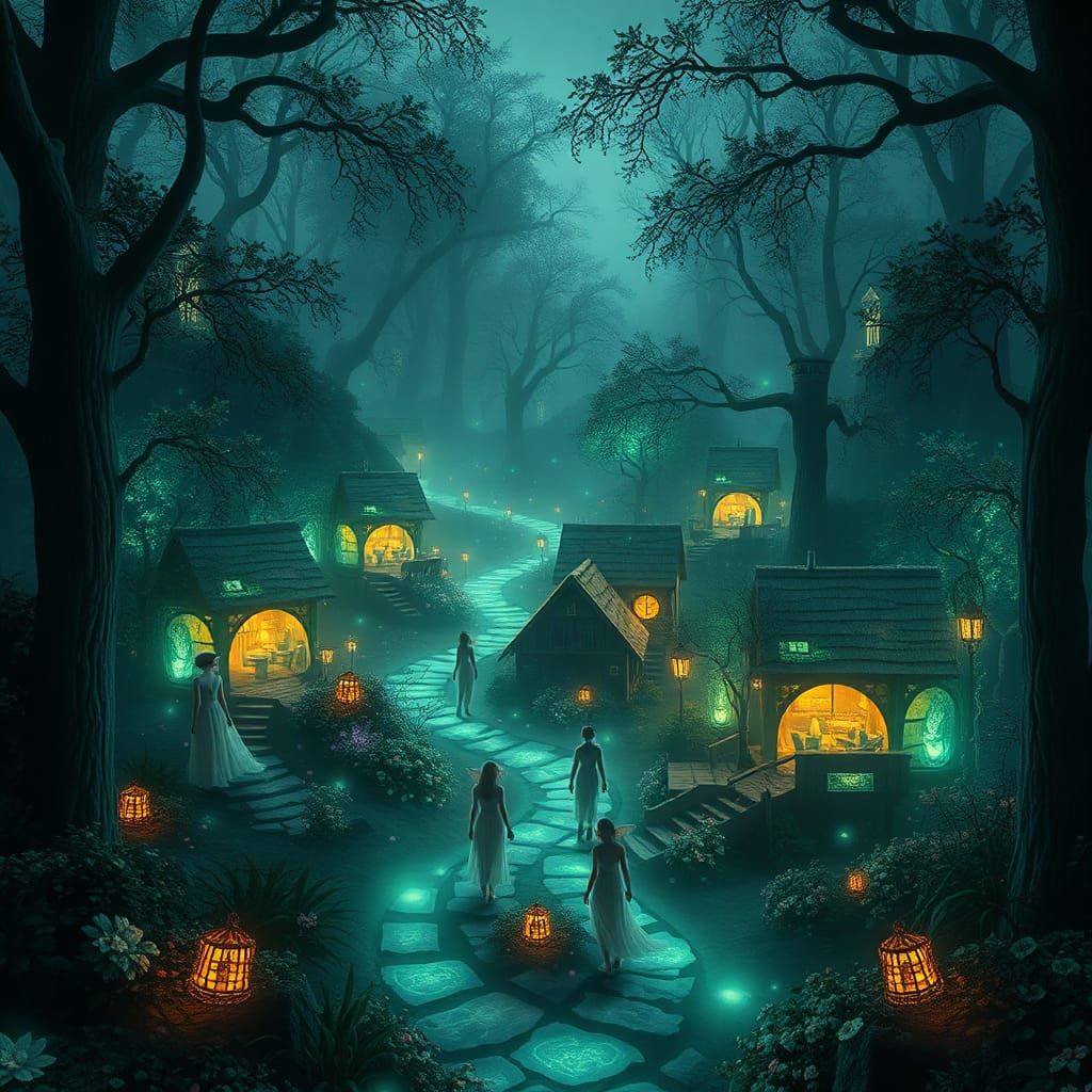 Enchanted Elven Village in Bioluminescent Forest