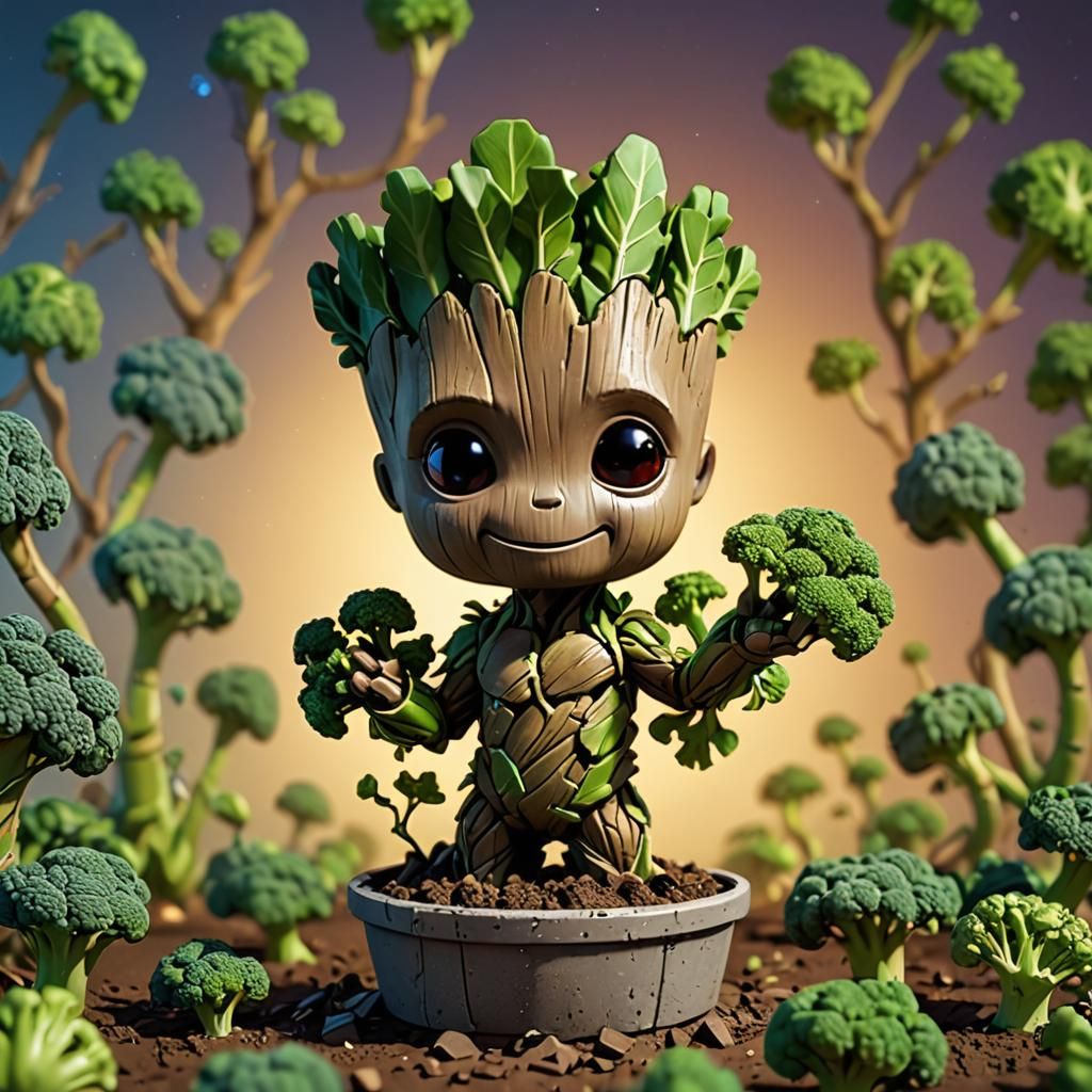 Baby Groot as Chibi Broccoli in 3D Style