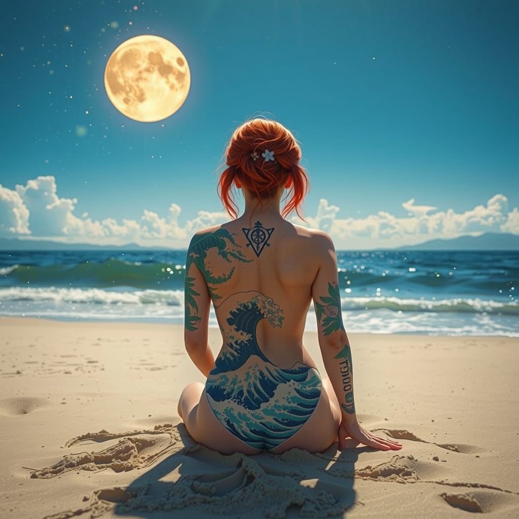 Redhead Sunbather with Hokusai Tattoo, Japanese Print Style