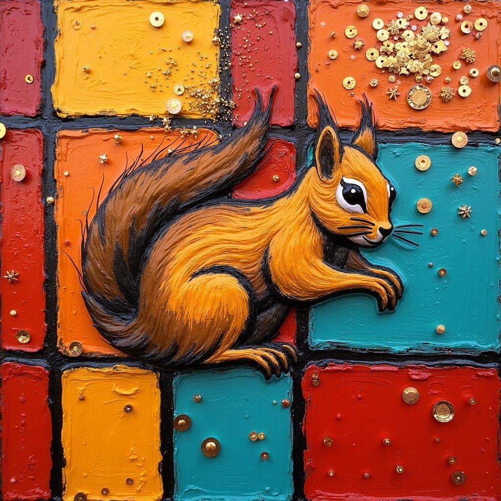 Squirrel Art with Geometric Impasto Background