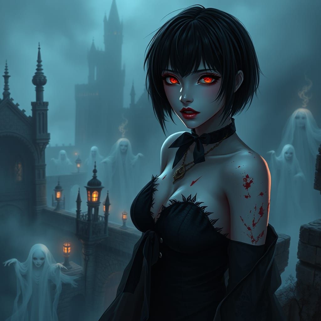 Anime Vampire Queen Surrounded by Ghosts