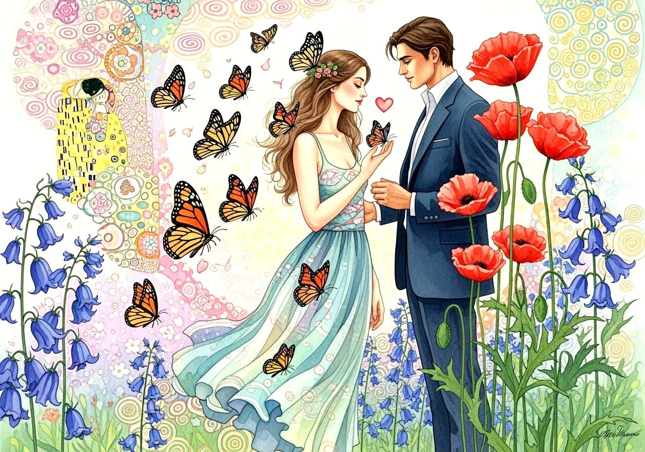 Romantic Couple Surrounded by Butterflies, Painted in Aquare...