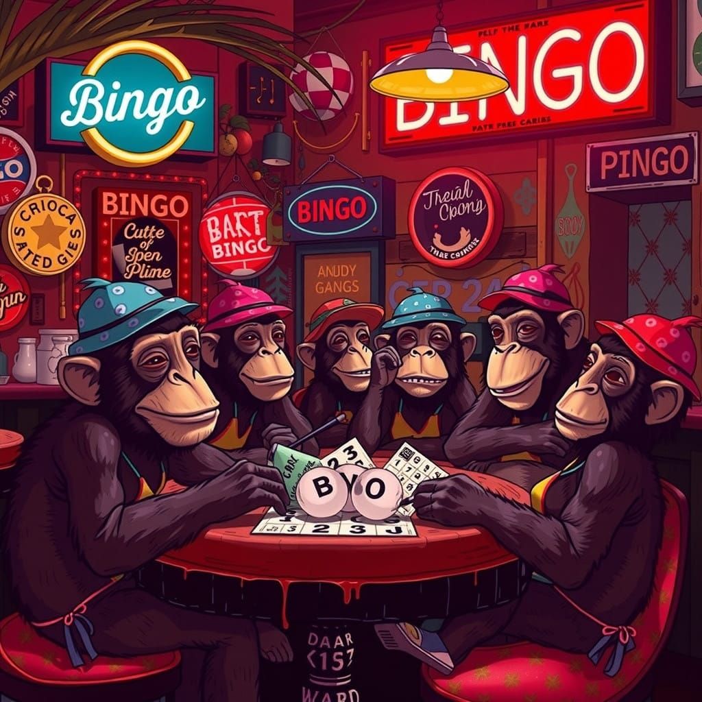 Playful Monkeys in Vibrant Bikinis Mark Bingo Cards in Exoti...