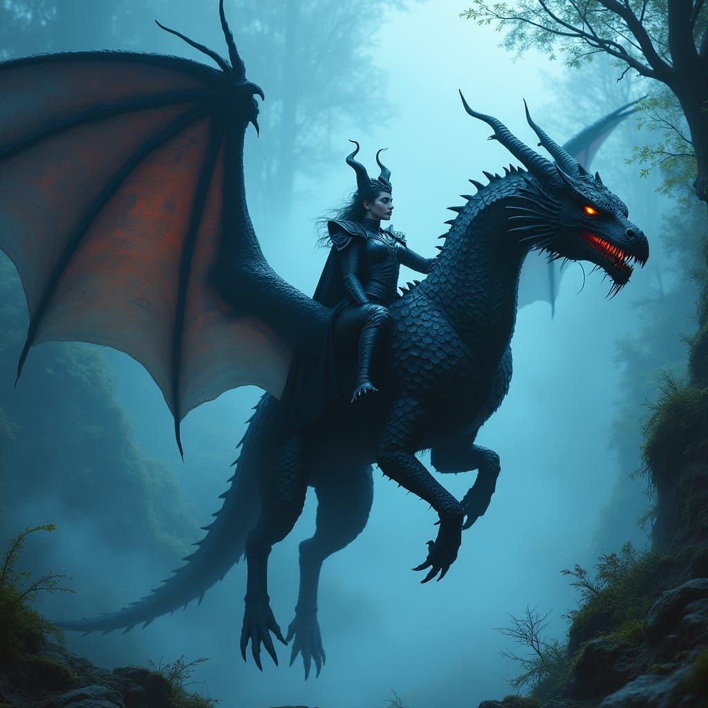 Vampire Queen Dragon Rider in a Mystical Forest