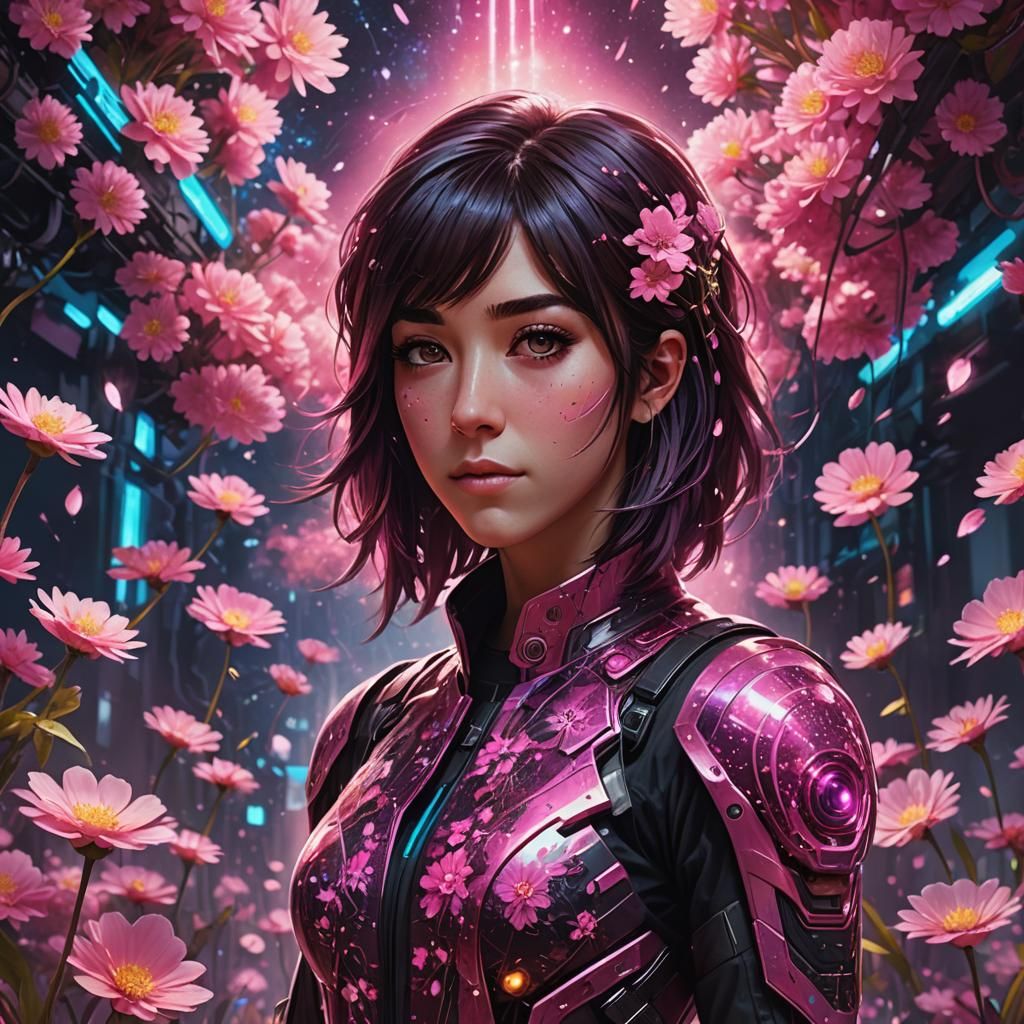 Blooming Galaxy: Sci-Fi Portrait with Cyberpunk Accents
