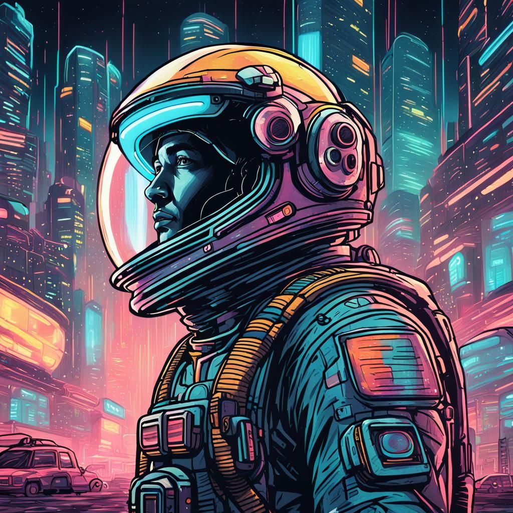 Futuristic Astronaut in Neon Metropolis: Doodle-Style Illust...