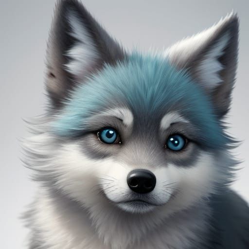 Adorable Baby Wolf with Teal Eyes: Digital Painting
