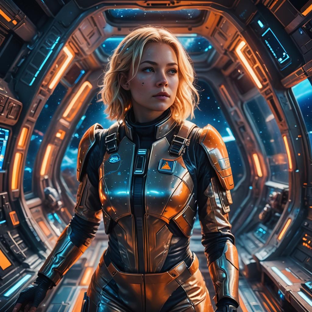 Futuristic Female Space Traveler Piloting Spaceship
