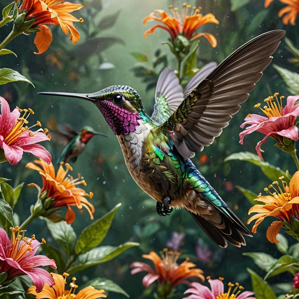Hummingbird with Human Head in Hyperrealistic Flight
