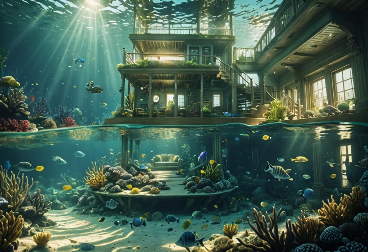 Cinematic Underwater Home with Vibrant Sea Life