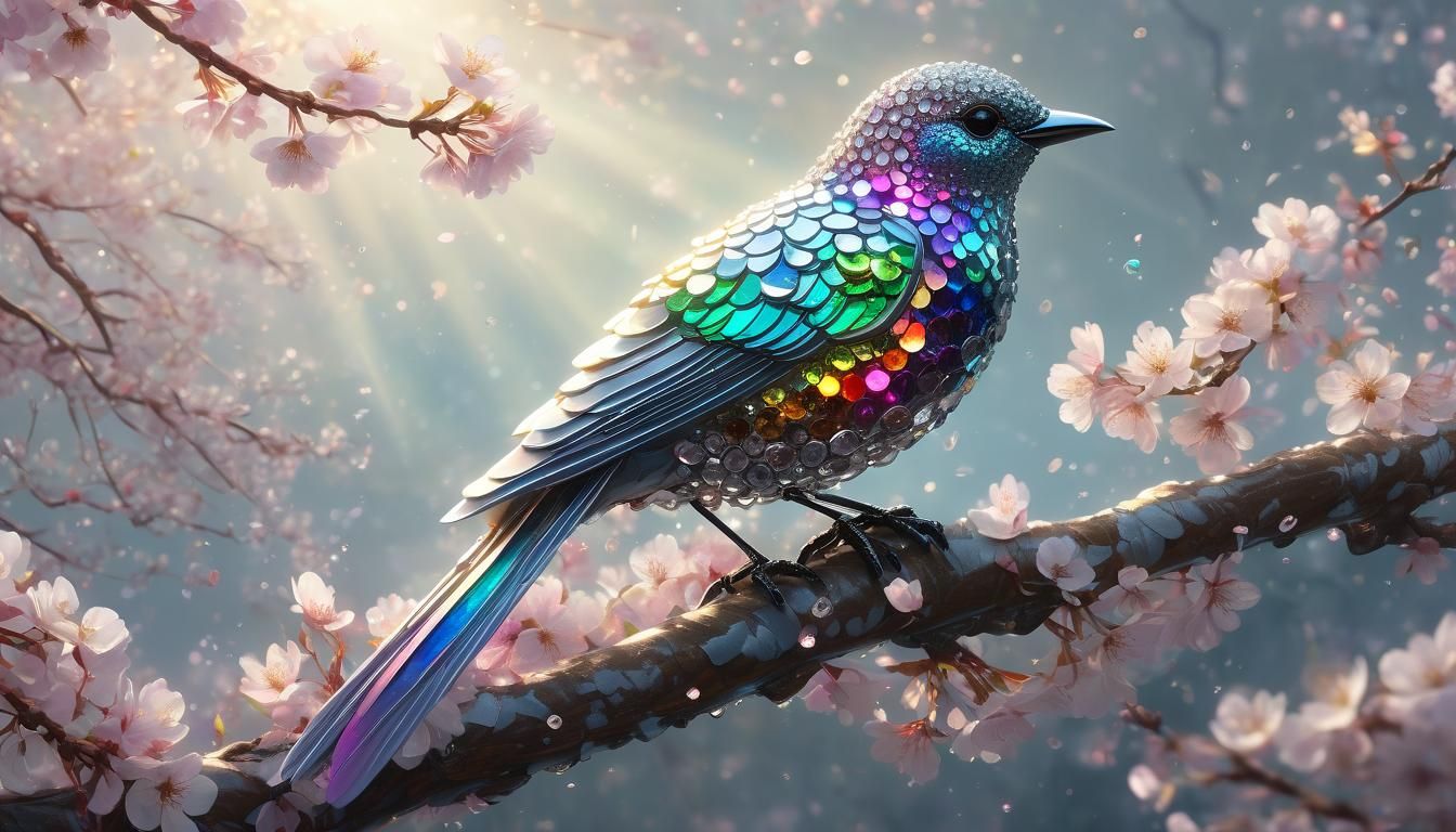 Crystal Bird with Rainbow Diamonds on Cherry Branch