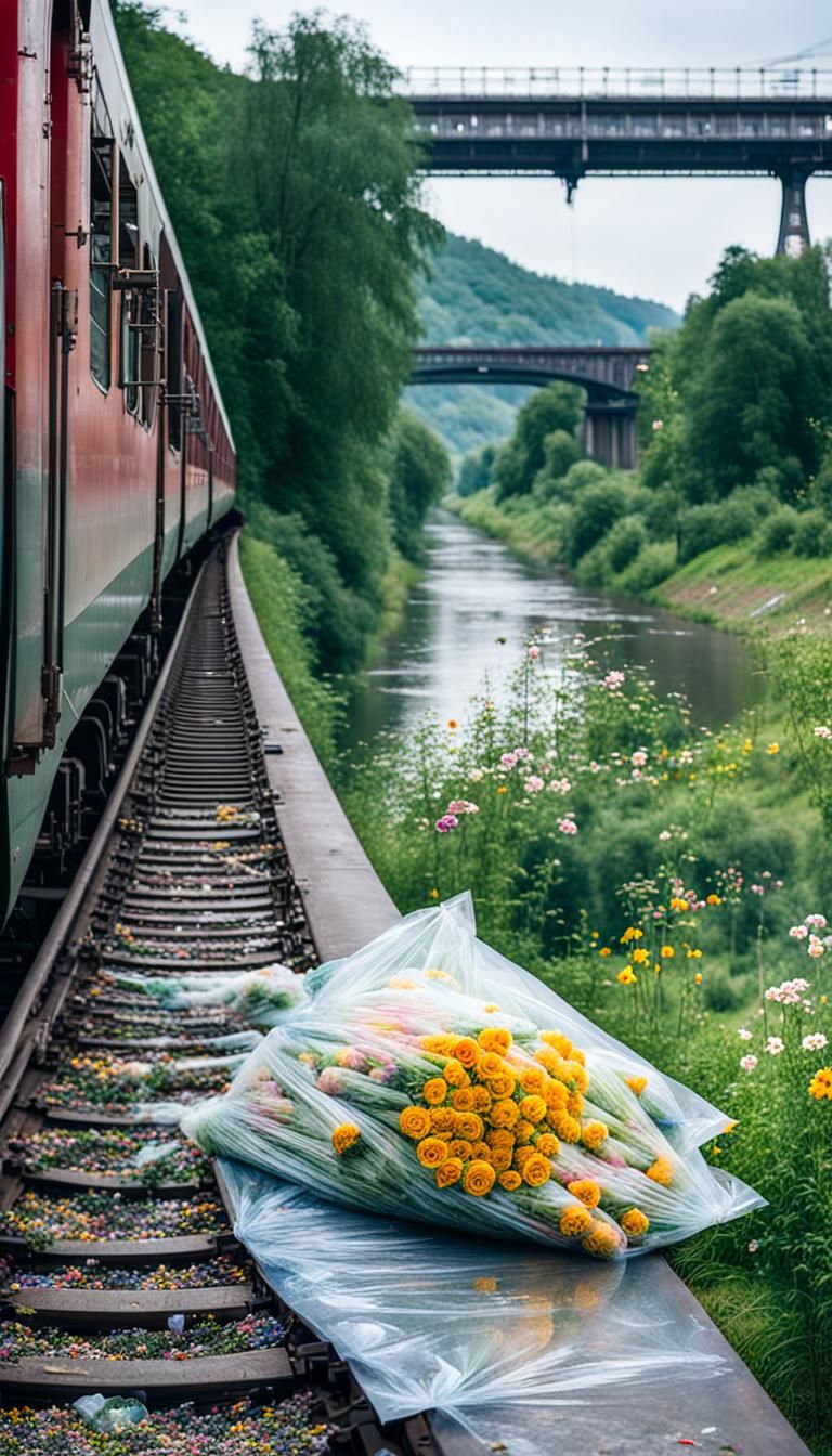 Flowers Thrown From Train on River Bridge