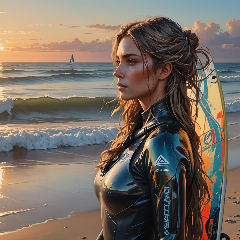 Woman in Wetsuit Contemplating Sunset Waves, Digital Art